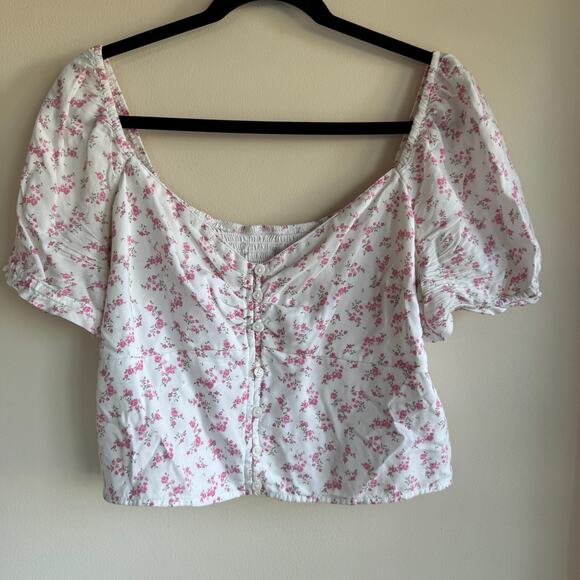 Abercrombie Floral Crop Top White Pink Button Front Smocked Short Sleeve Sz XL - Picture 1 of 6